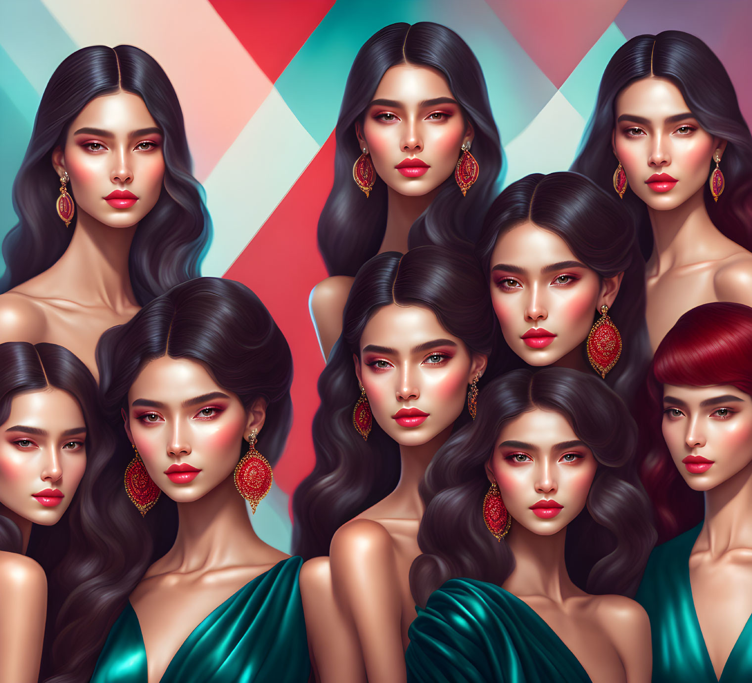 Nine Stylized Portraits of Woman with Varied Hairstyles and Makeup