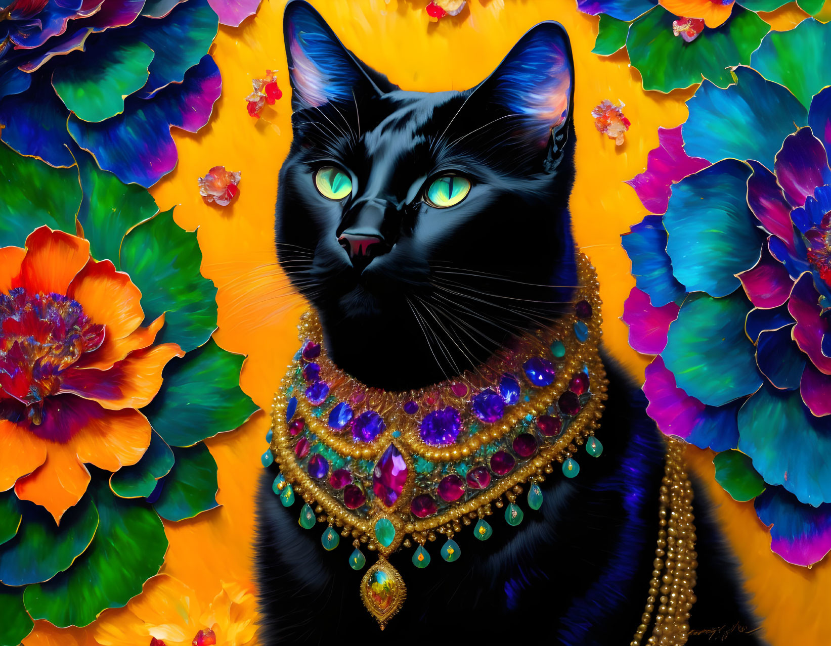 Black Cat with Colorful Jeweled Necklace on Blue and Orange Flower Background