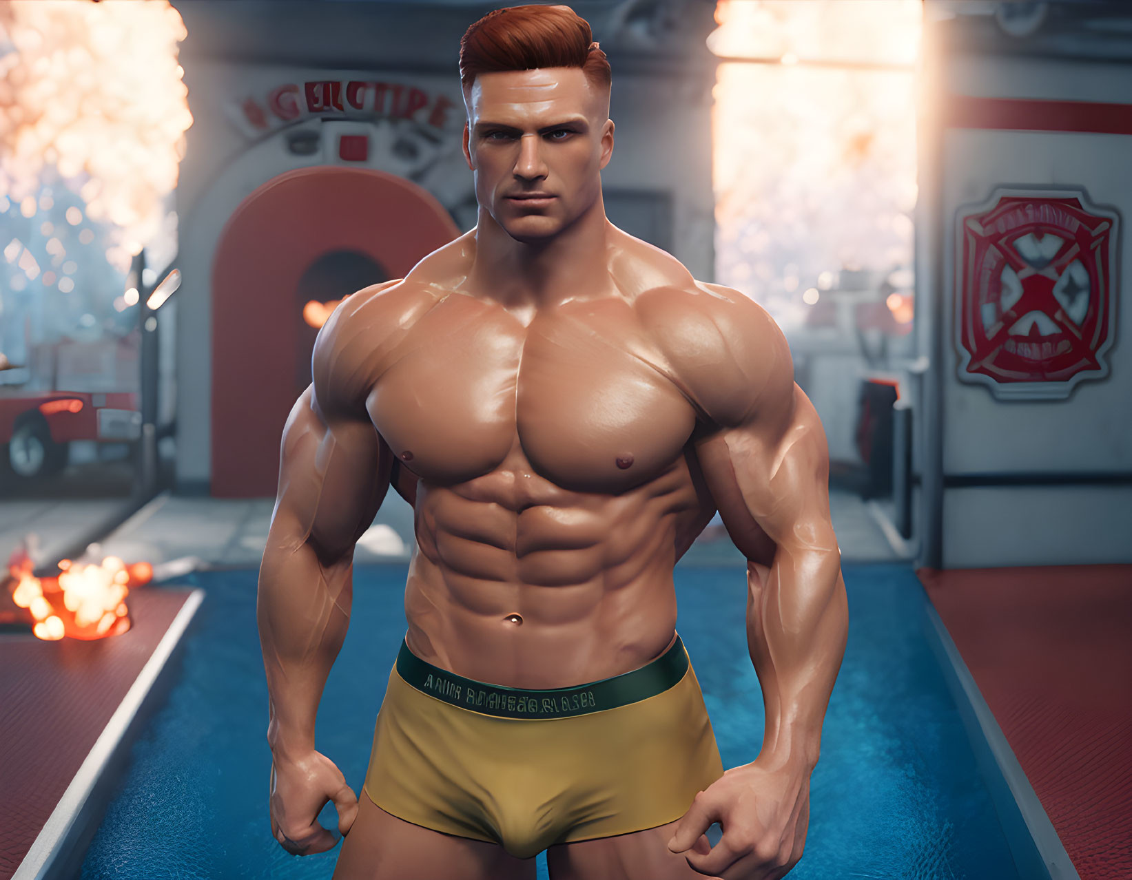 Muscular man in yellow briefs poses confidently in gym setting