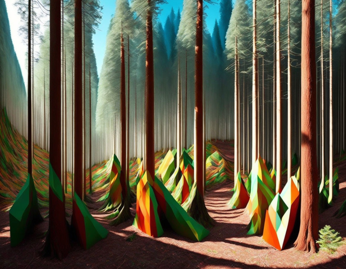 Colorful geometric patterned trees in misty forest landscape