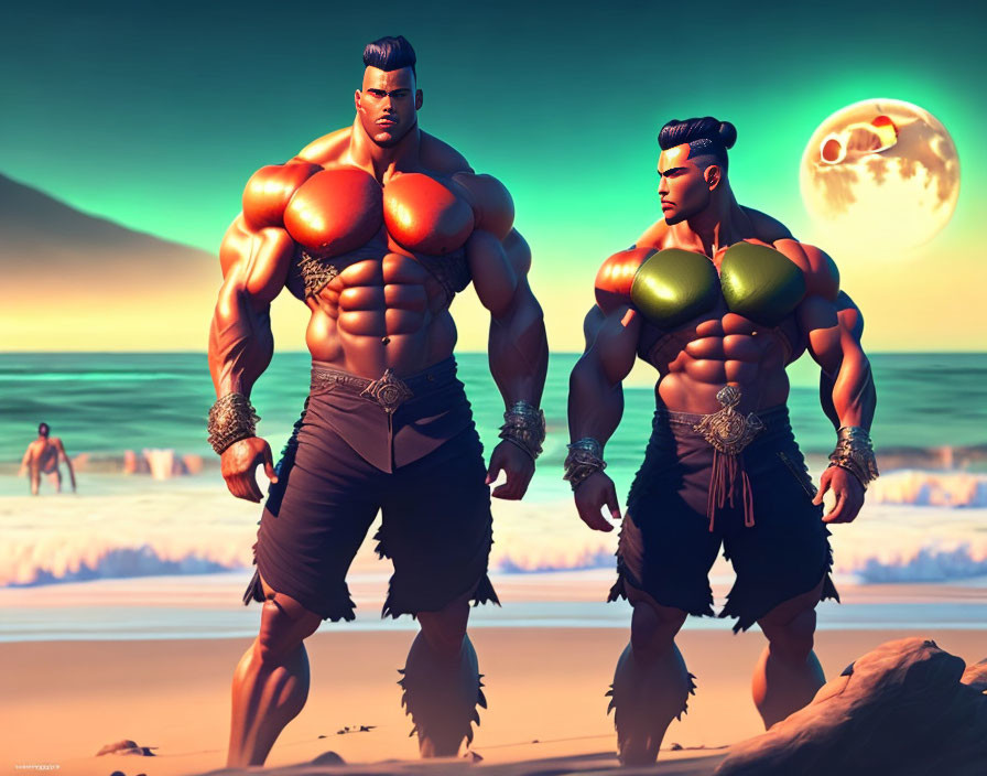 Muscular stylized animated characters on beach under large moon