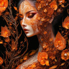 Intricate Autumn-Themed Makeup with Leaf and Flower Adornments