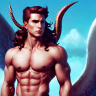 Muscular mythical male figure with horns and wings in blue sky