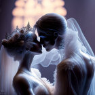 Intimate portrait of two brides with elegant veils and floral headpieces