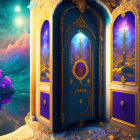 Ornate doors reveal fantasy landscape with mountains, stars, vibrant sky, purple foliage, and intricate