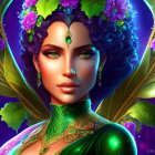 Digital artwork: Woman with elfin features, green leaves, purple flowers, and golden accents on purple