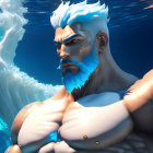 Blue-haired muscular animated character with tattoos submerged in water