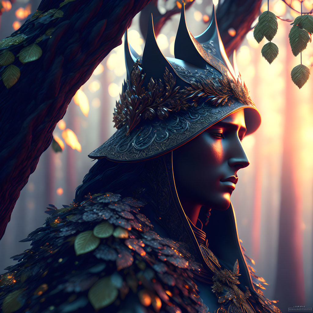 Regal figure in detailed crown and armor in mystical forest.