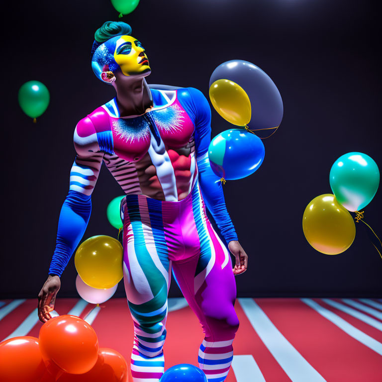 Colorful Body Paint and Bodysuit Balloon Holder in Striped Floor Setting