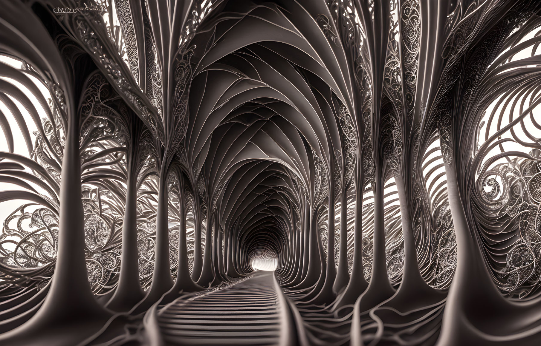 Monochrome surreal tunnel with ornate patterns and arches