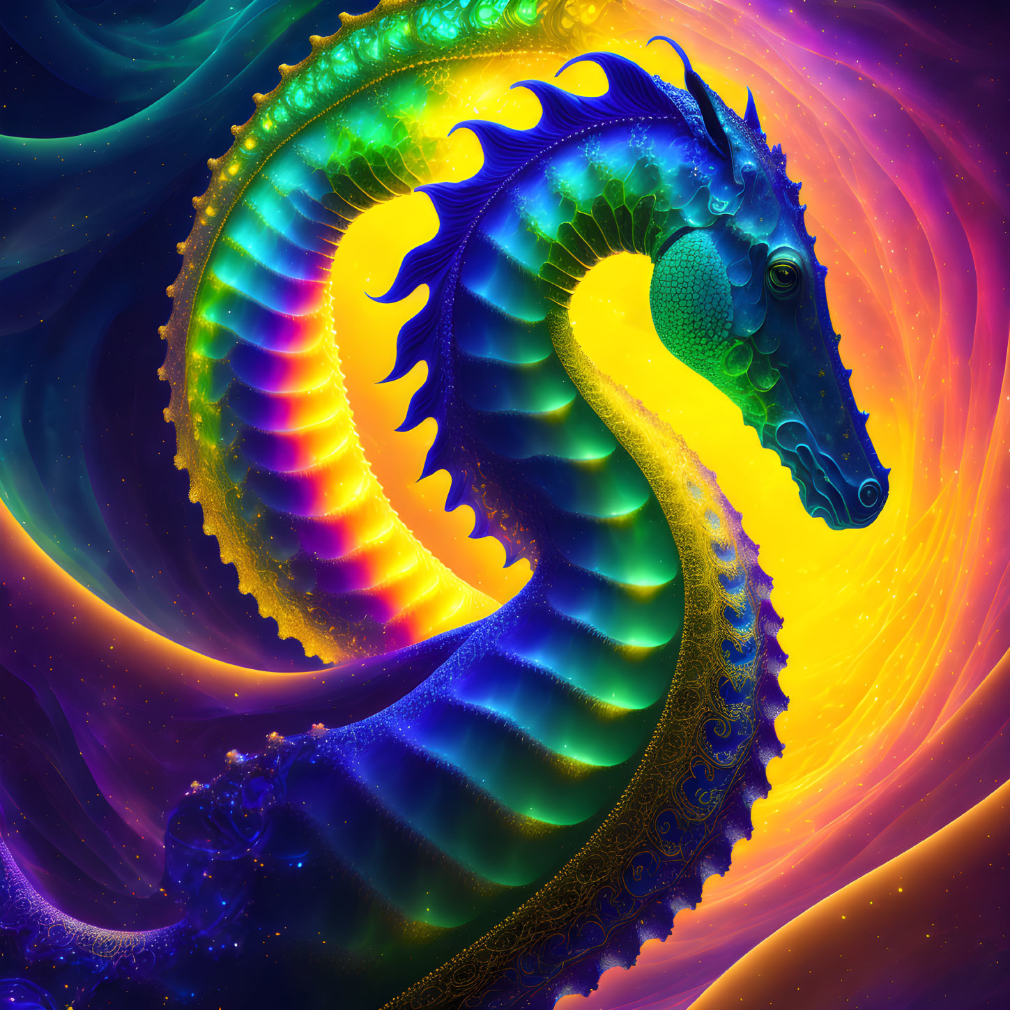 Colorful digital artwork: Fantastical seahorse with iridescent scales in vibrant orange and