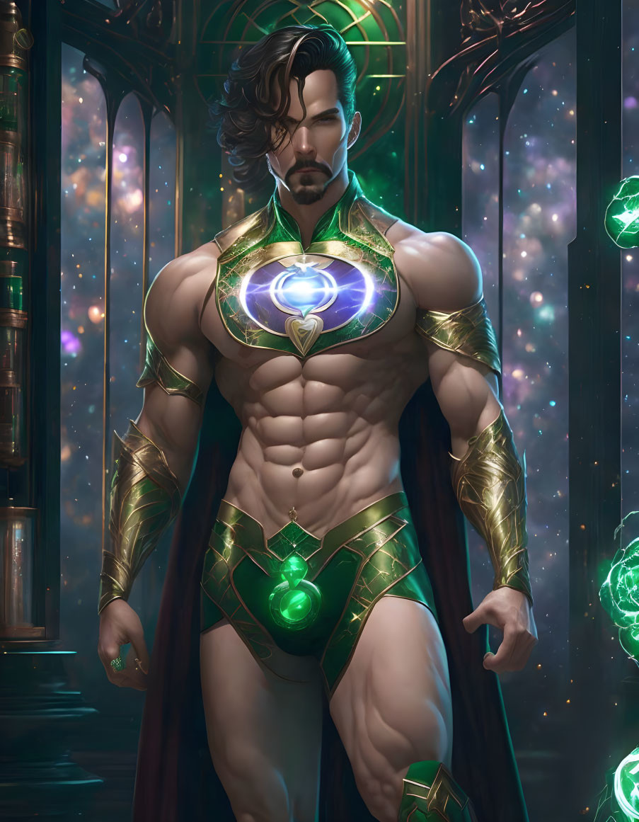 Muscular fantasy character with glowing chest armor in dimly lit setting