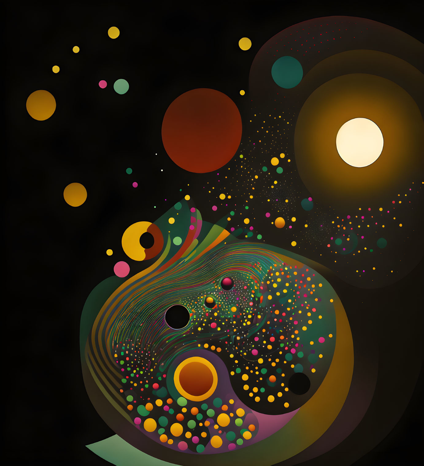 Colorful Abstract Cosmic Illustration with Circle and Swirl Patterns