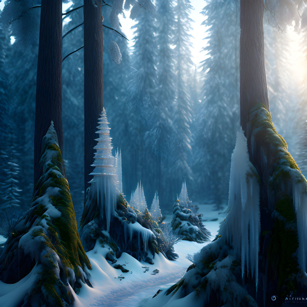 Snow-covered Winter Forest Scene with Sunlight Beams