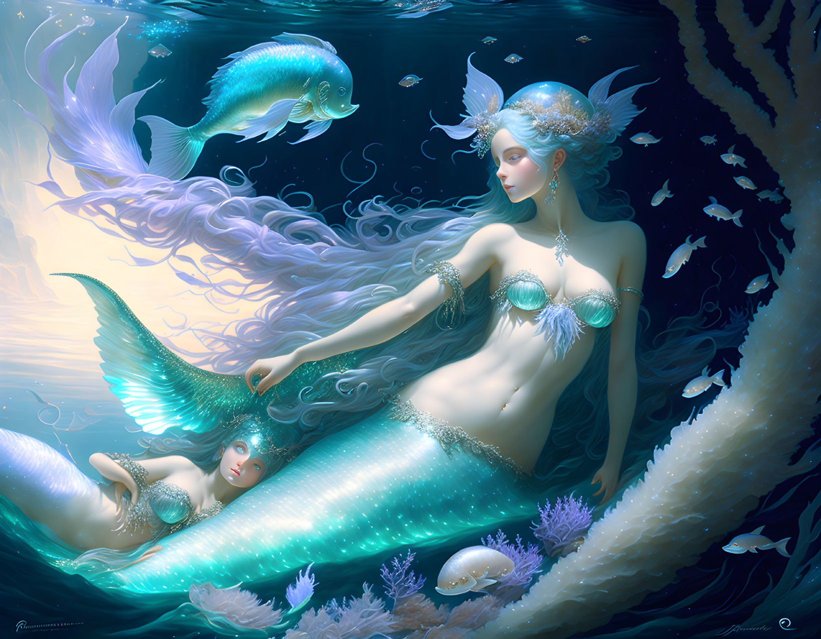 Ethereal underwater scene with two mermaids among coral and fish