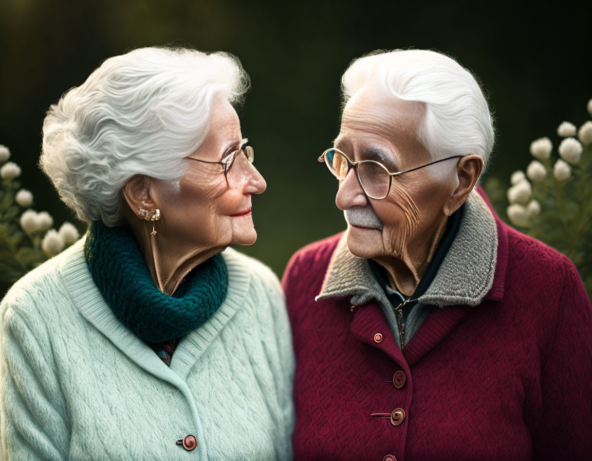 Elderly couple with white hair smiling in turquoise and maroon attire