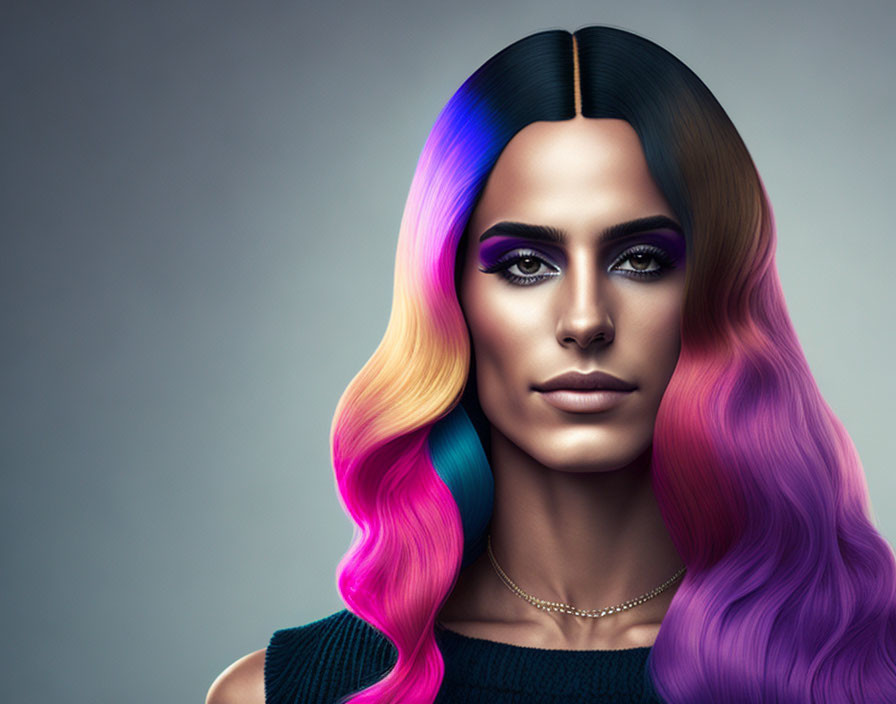 Colorful Rainbow Hair Woman with Bold Makeup and Subtle Necklace