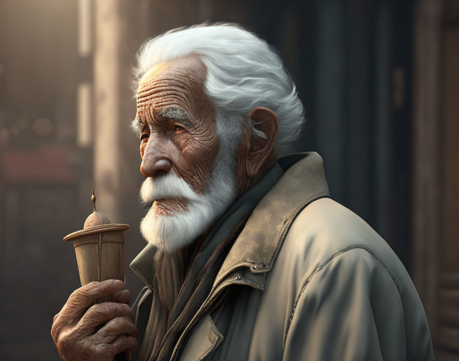 Elderly man with white hair and beard holding wooden object gazes thoughtfully