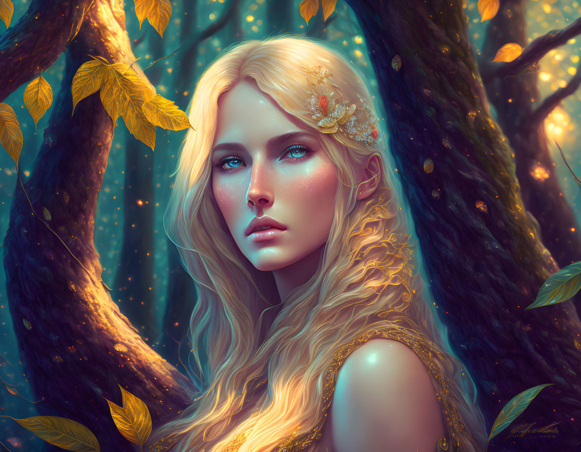 Fantasy portrait of a woman with blonde hair and floral headpiece in magical forest