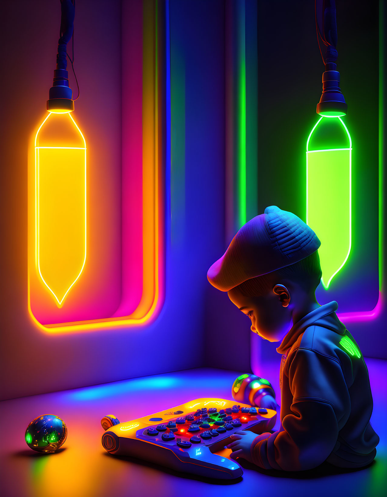 Child in Beanie Playing with Colorful Toy in Neon-Lit Room