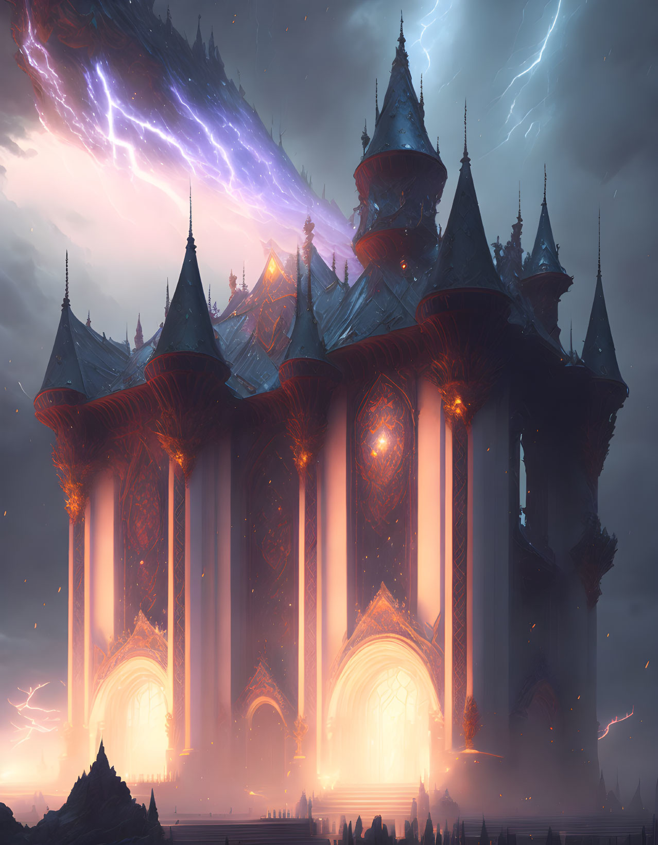 Majestic fantasy castle under stormy sky with glowing windows