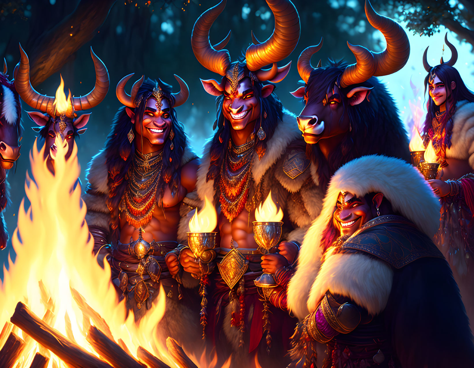 Animated minotaurs in tribal attire around campfire at night