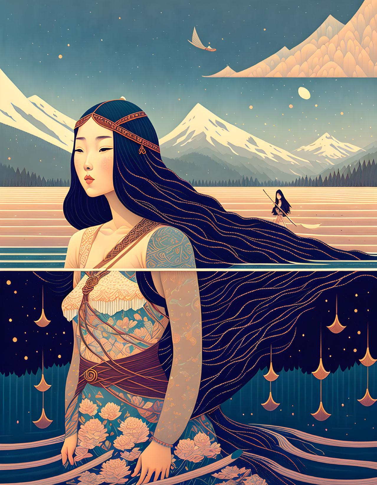 Woman with flowing hair and braids in traditional dress by lake and mountains at twilight