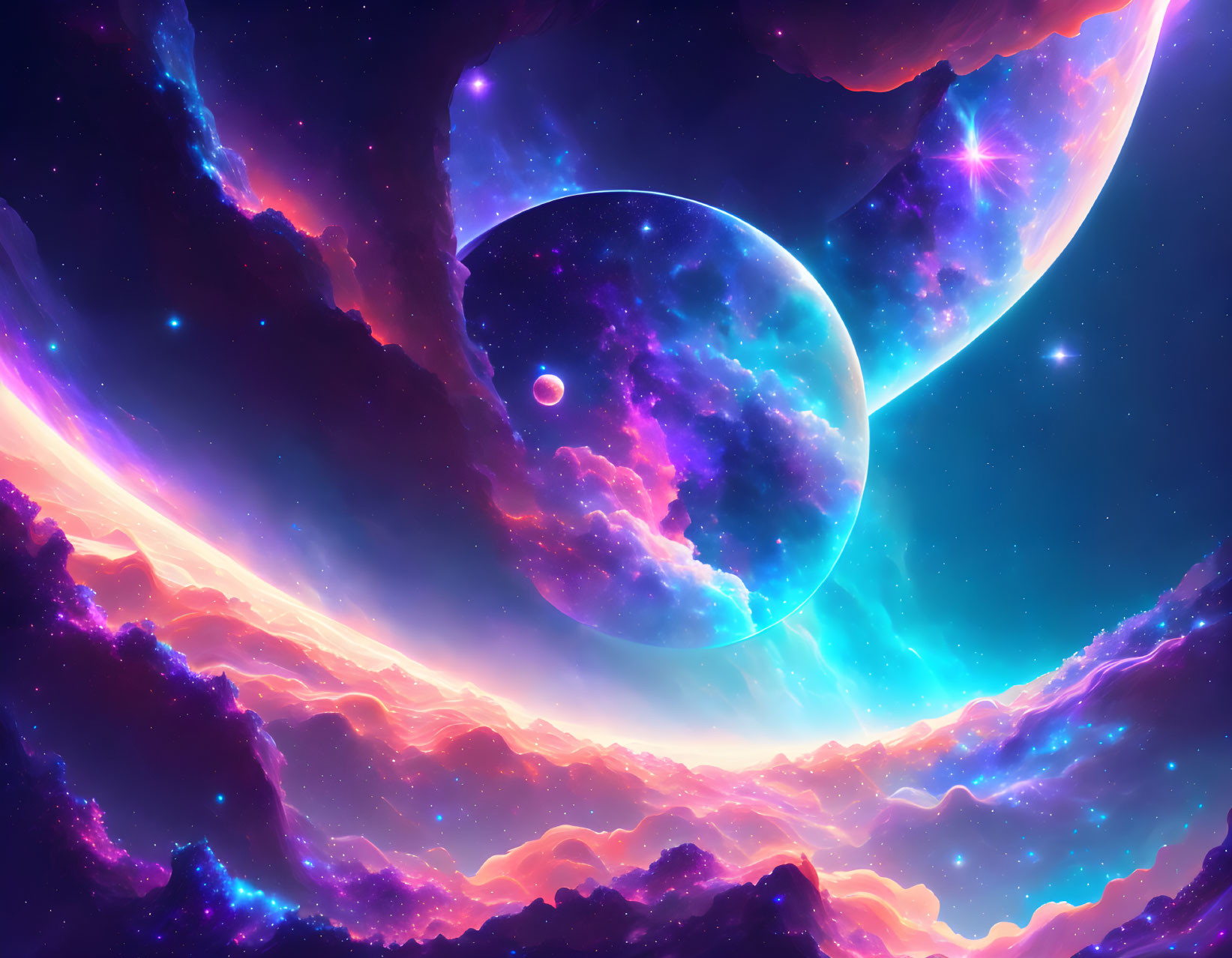 Colorful cosmic digital art with celestial bodies, nebulae, stars.