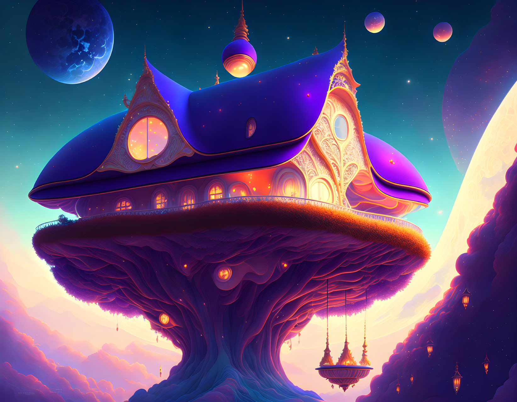 Majestic palace atop fantastical tree under vibrant sky