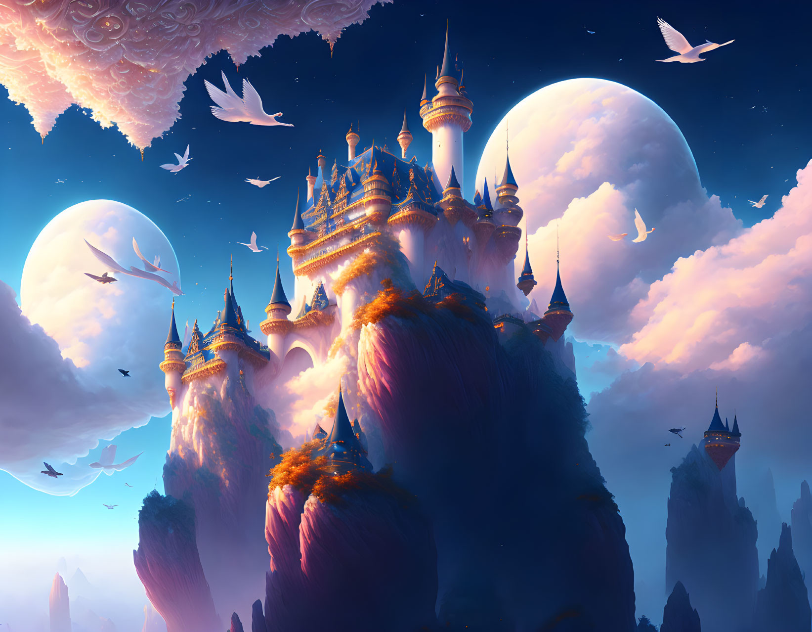 Fantastical castle on rock pillars under twilight sky