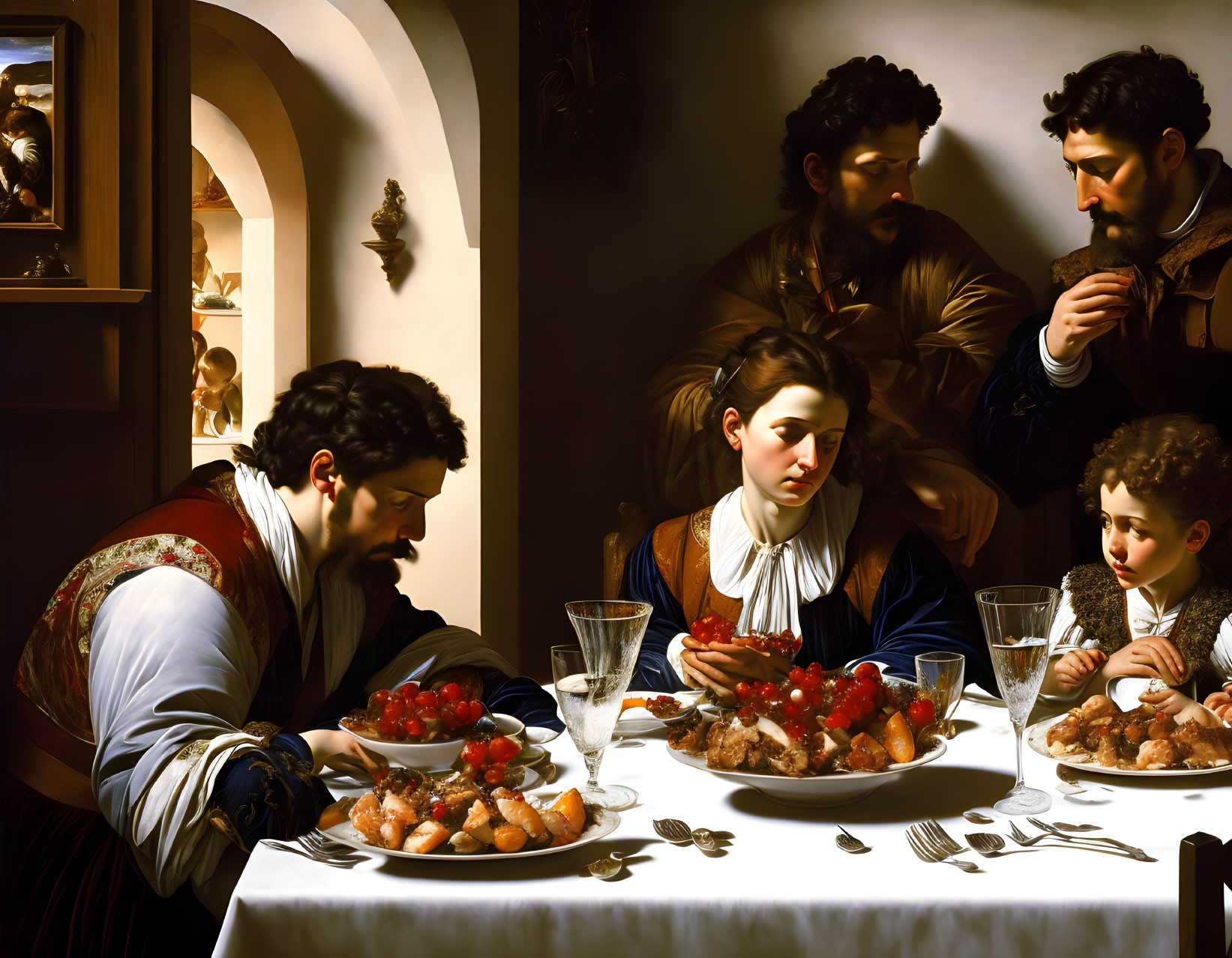 Baroque-style painting of people dining with rich fabrics and dramatic lighting