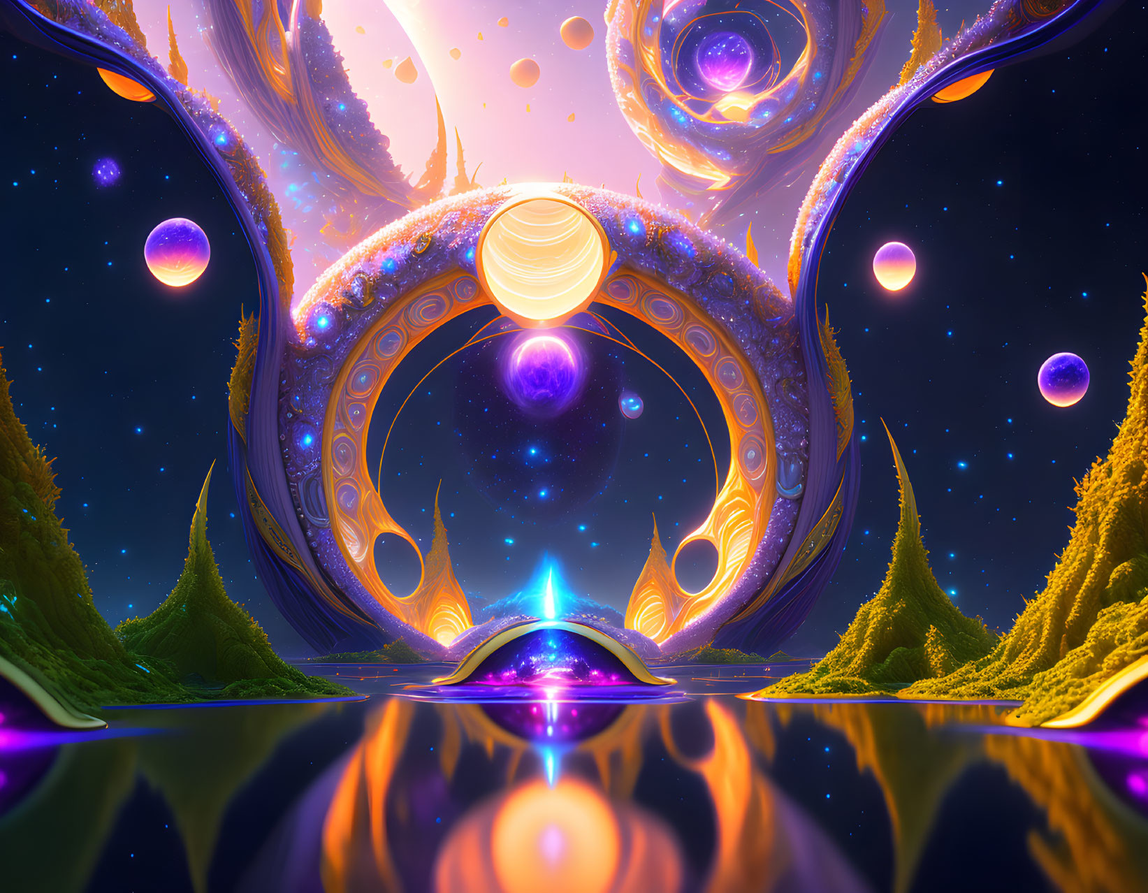 Surreal cosmic landscape with glowing vegetation and swirling galaxies