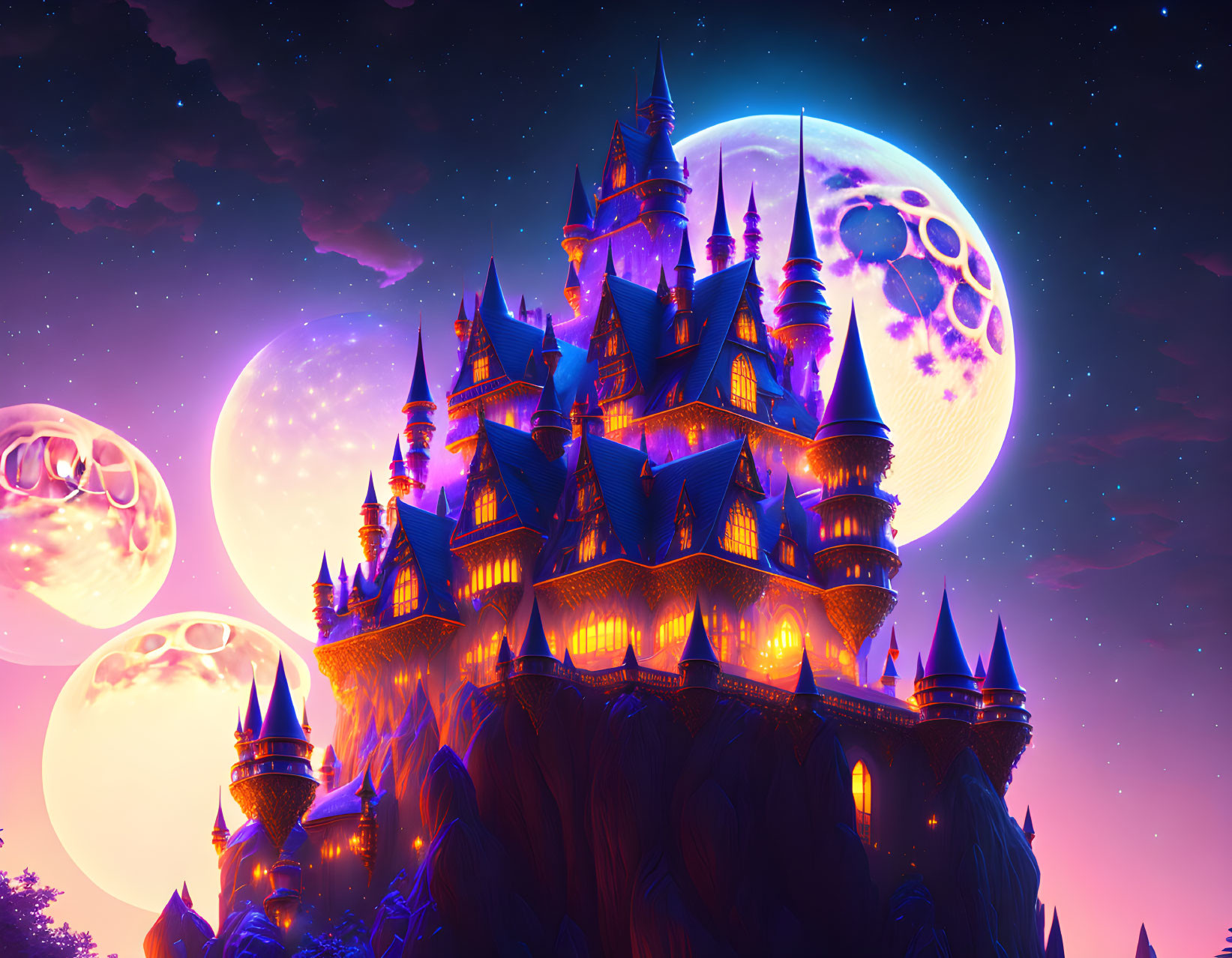 Fantasy castle on cliff under starry sky with glowing moon