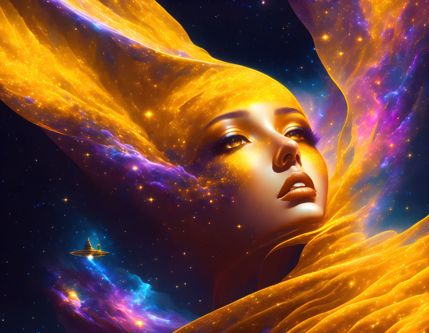 Golden celestial patterns envelop woman's face in cosmic portrait