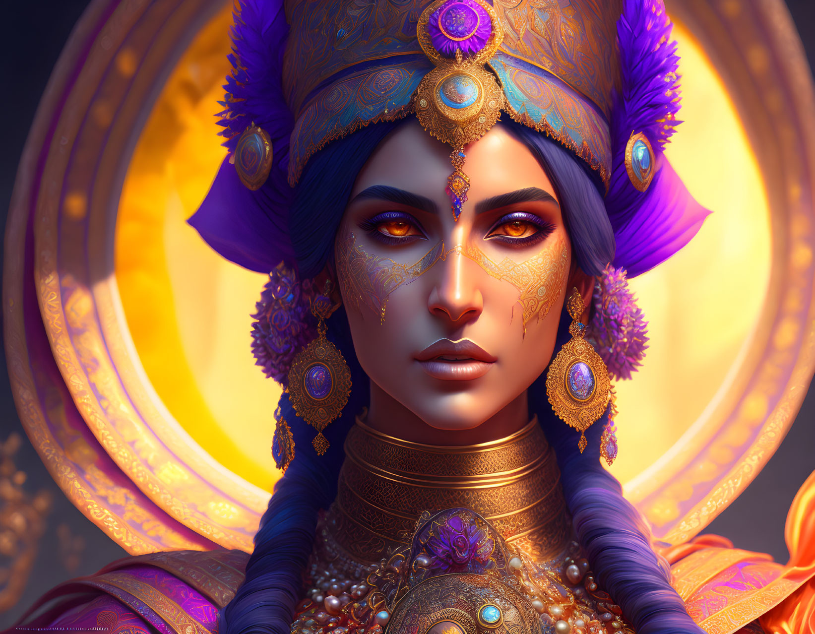 Purple-skinned woman with golden headpiece in ornate backdrop