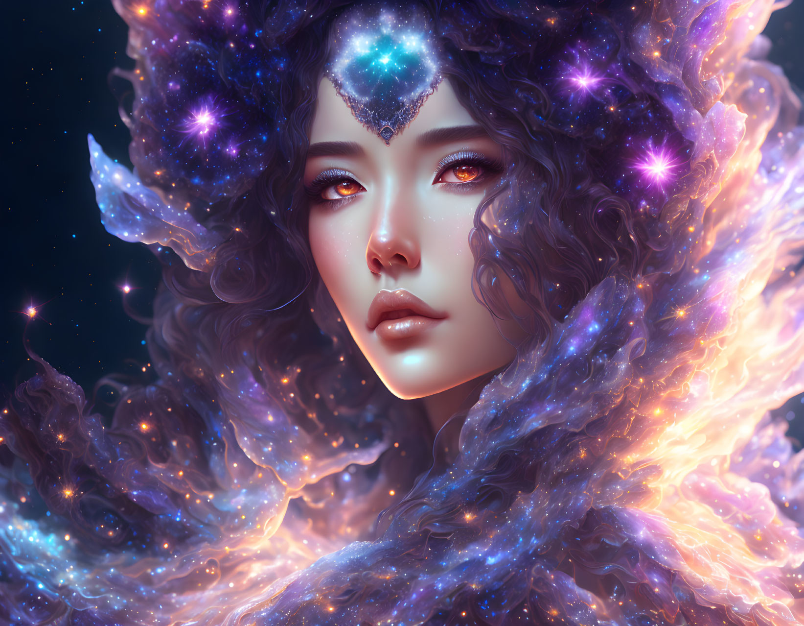 Mystical woman with star-infused hair and celestial mark in cosmic aura