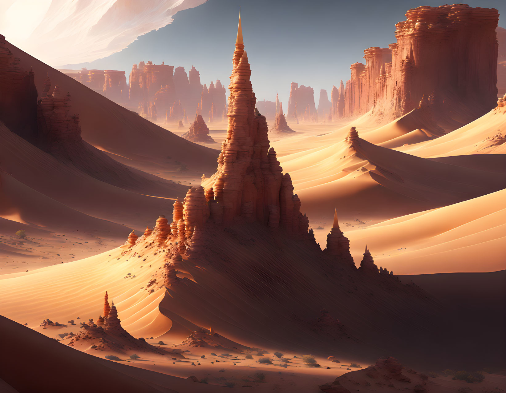 Majestic desert landscape with sandstone spires and dunes in warm sunlight