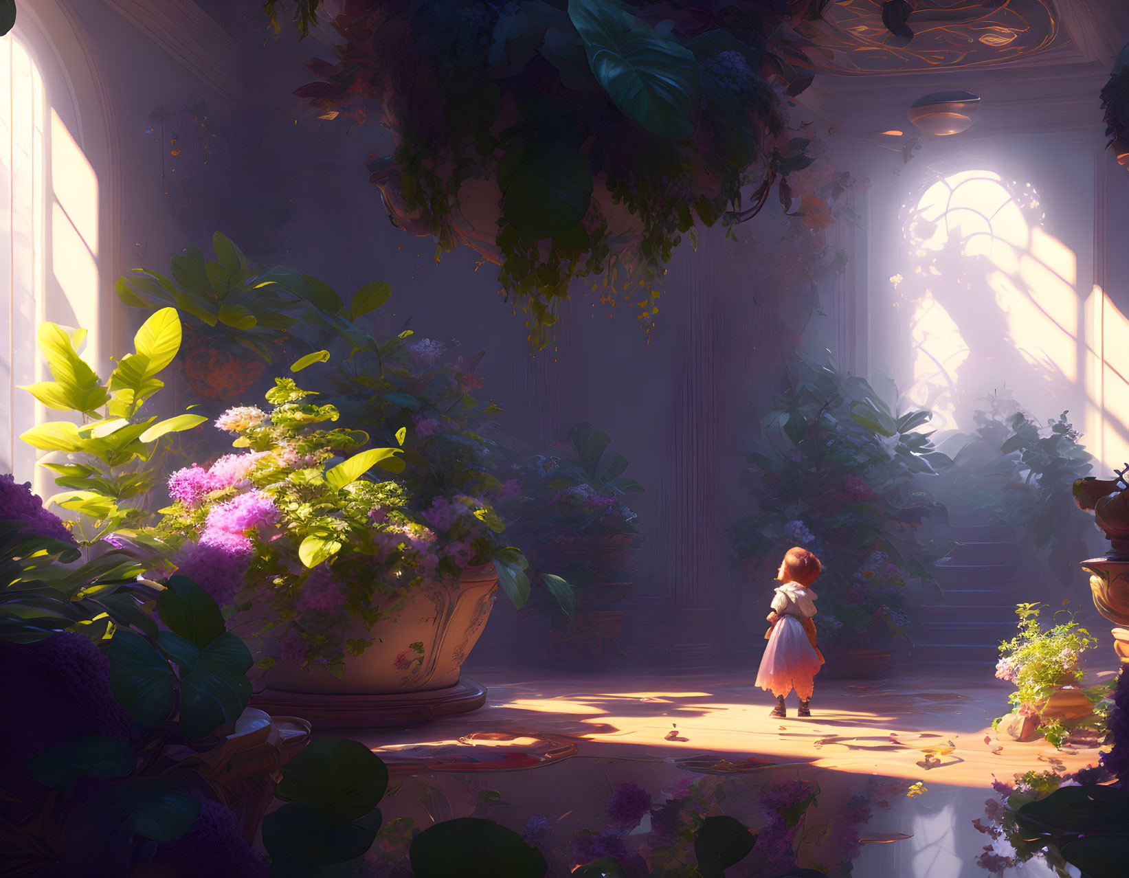 Child in sunlit room surrounded by plants and flowers.