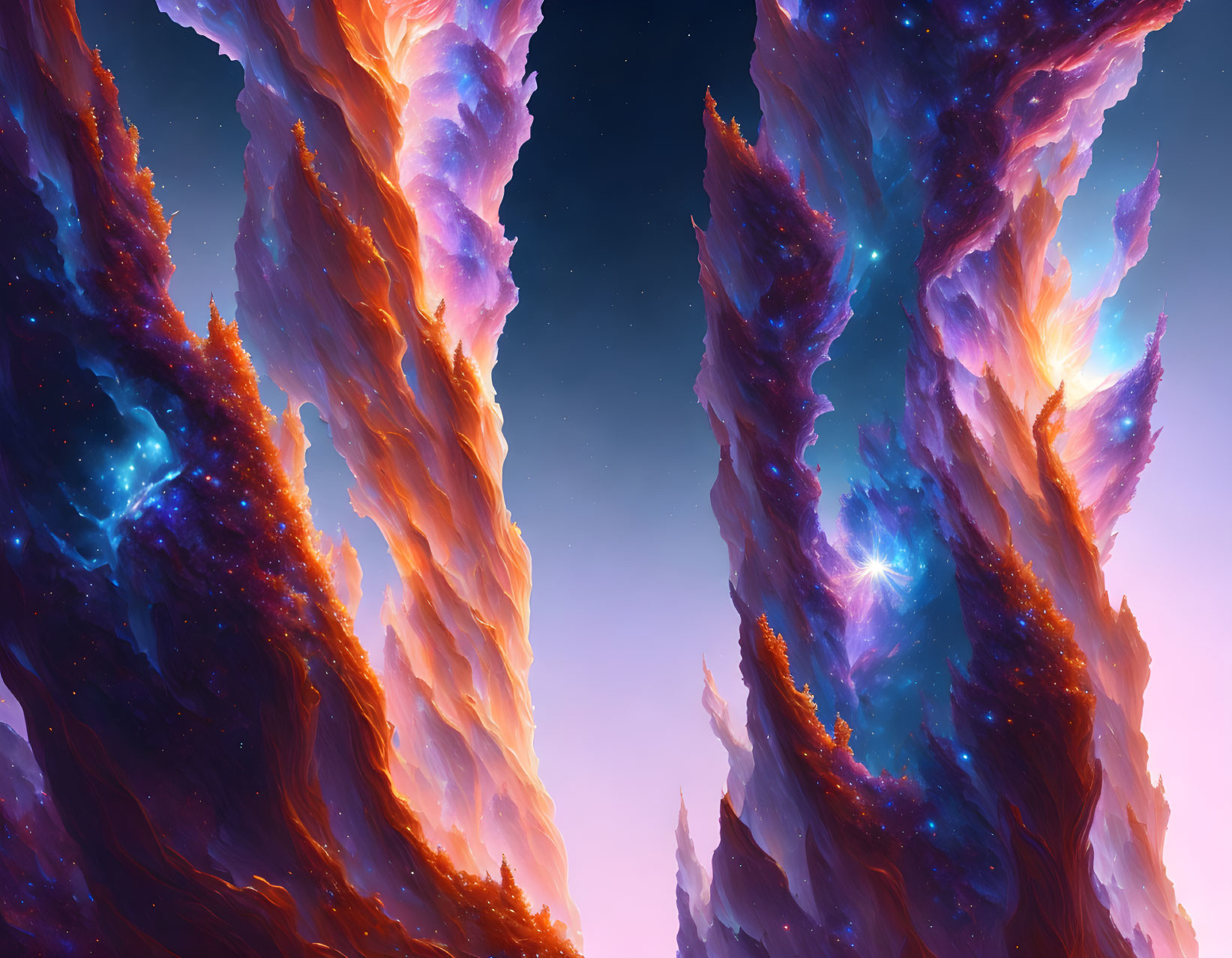 Colorful digital artwork: alien rock formations in cosmic setting