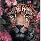 Detailed Jaguar Face Surrounded by Pink Peonies and Butterfly