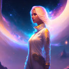 Digital artwork of woman with luminescent hair in cosmic setting