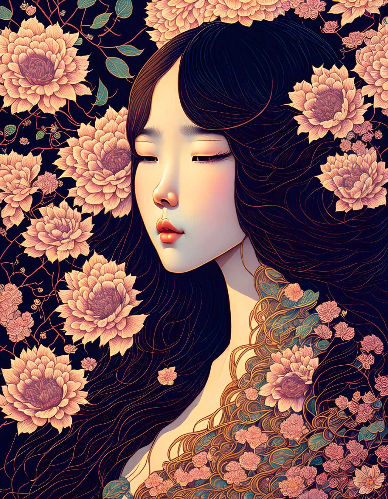 Woman with flowing hair among pink flowers and leaves in stylized design