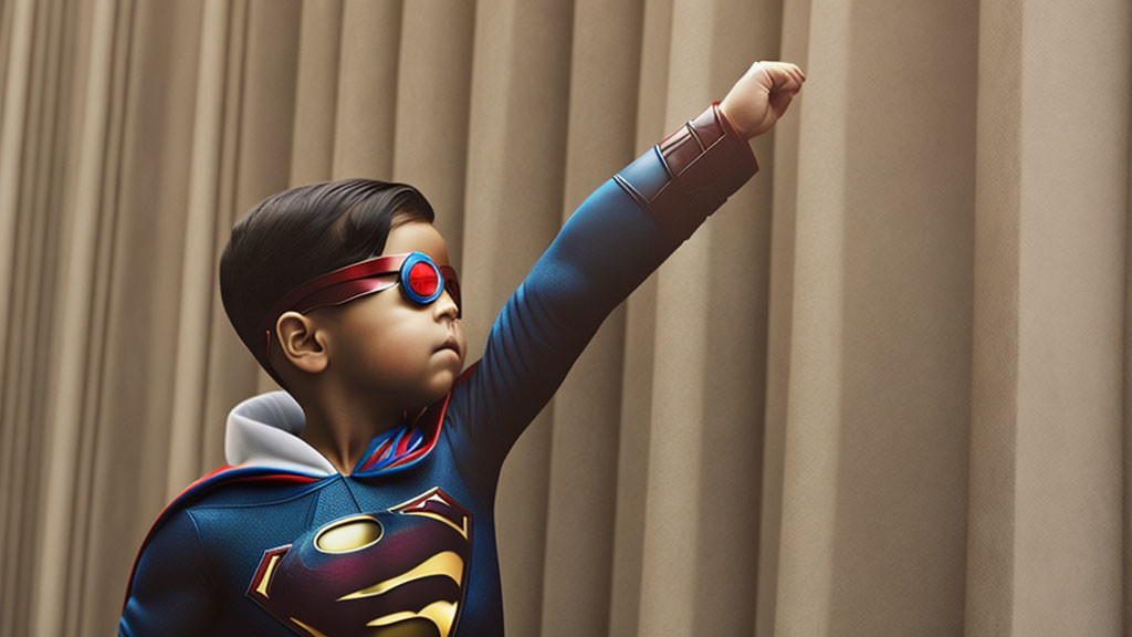 Child in superhero costume with cape and mask posing confidently against curtain backdrop