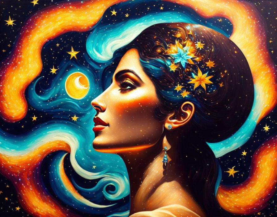 Colorful Woman's Profile with Cosmic Hair Against Starry Background