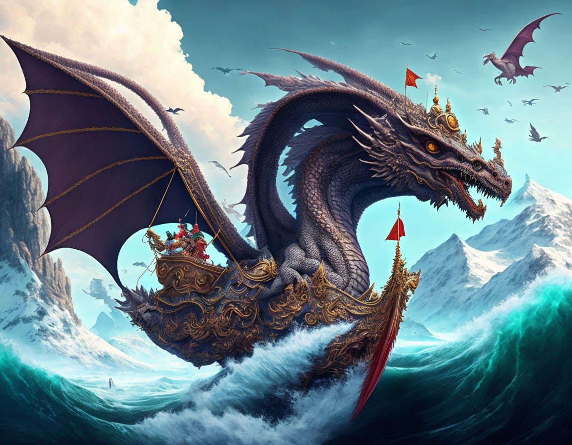 Dragon with riders flying over ocean & mountains.