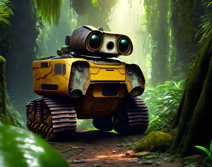 Yellow Tracked Robot Explores Misty Jungle with Lush Foliage