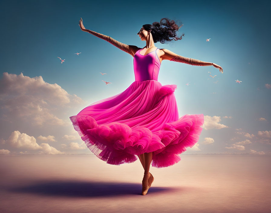 Woman in Pink Dress Dancing Against Dreamy Sky with Birds