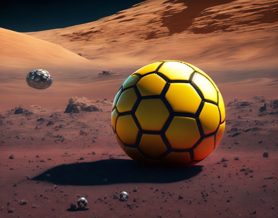 Vividly colored soccer ball on red Mars-like landscape