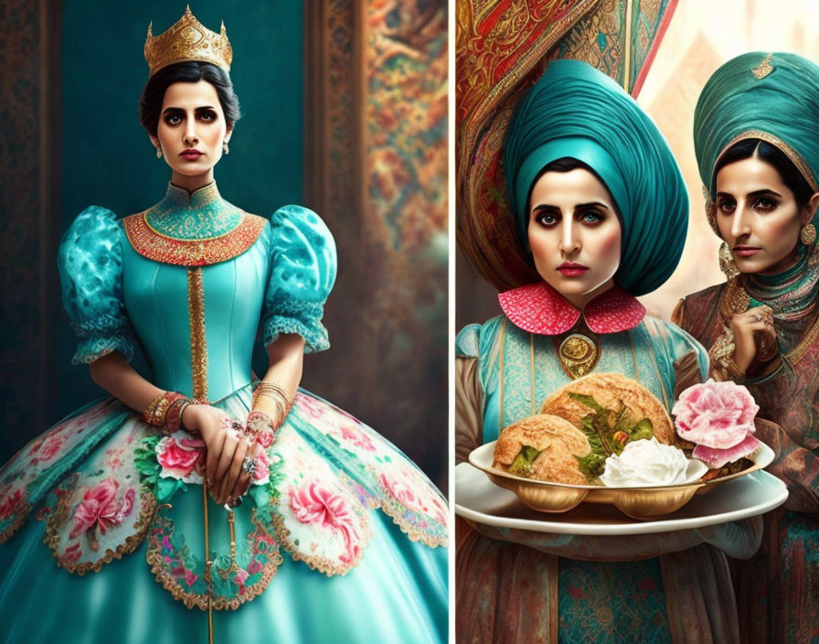 Woman in teal royal dress with scepter & turban dining with lookalike