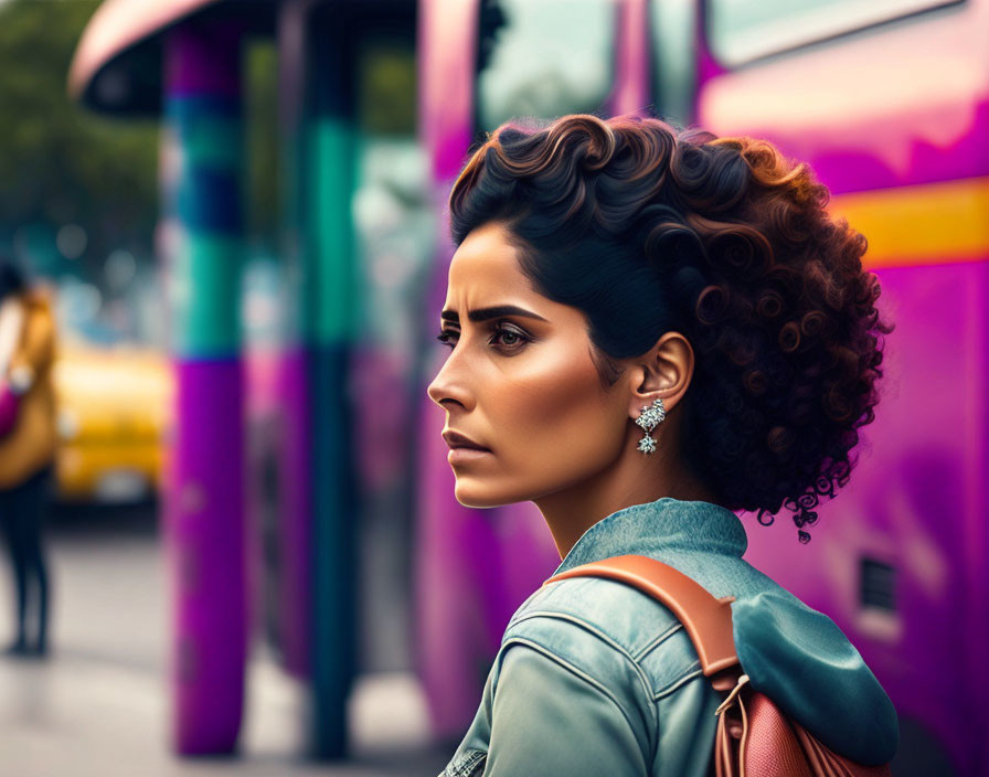 Curly-haired woman in leather jacket with earring on street with purple bus.